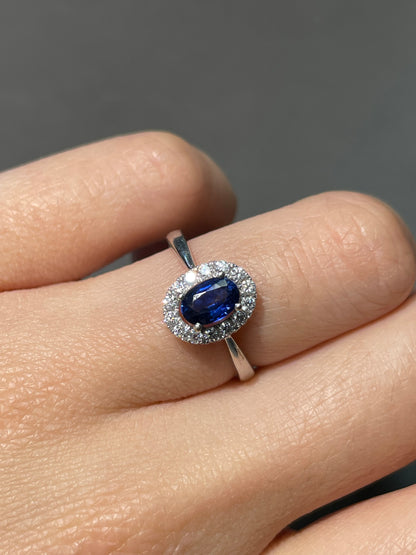 14K White Gold 0.8 CTW Sapphire Diamond Halo Ring