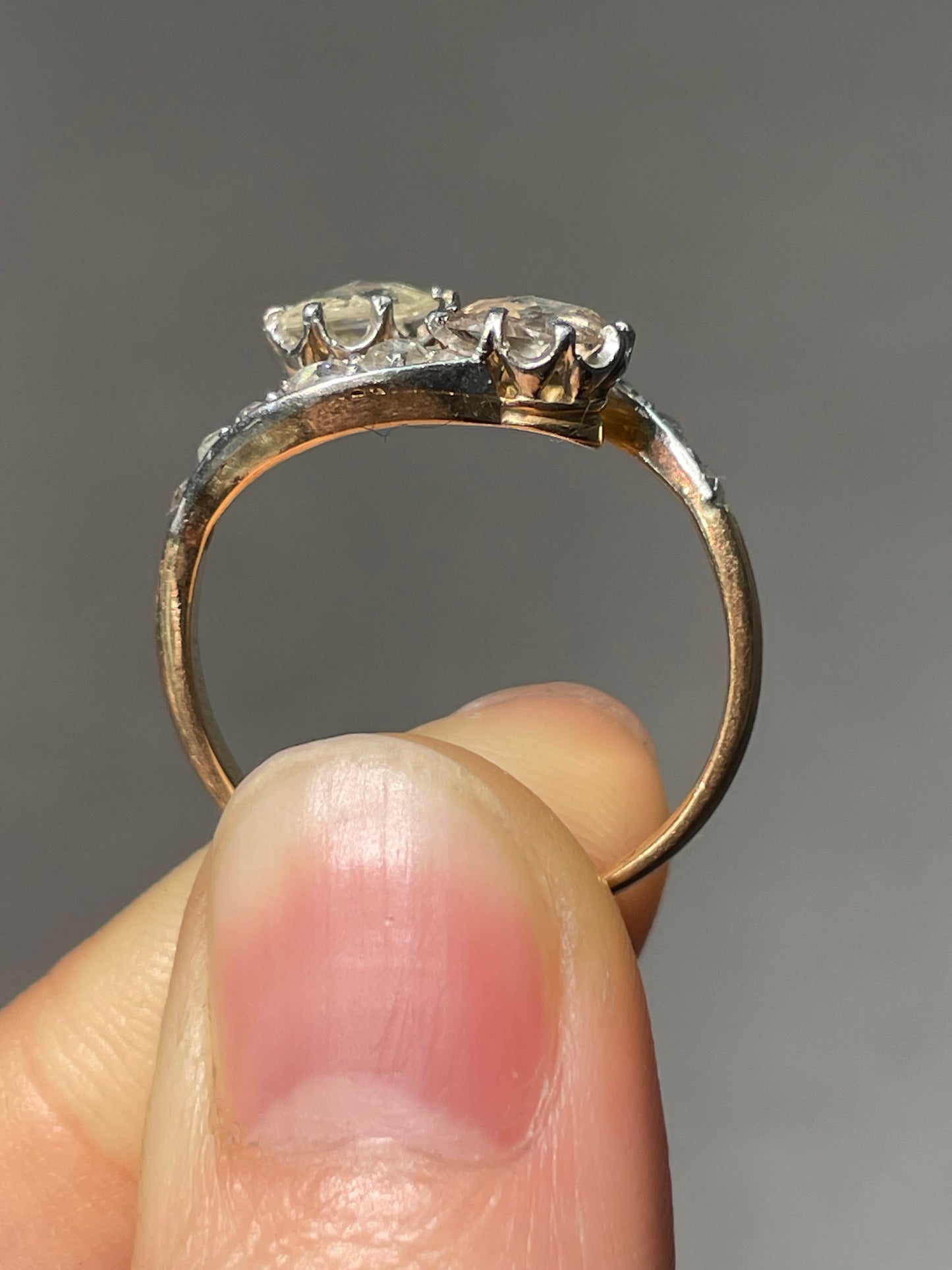 Antique Platinum Topped 18K Gold 2.16 CTW Rose Cut Diamond Toi Et Moi Ring