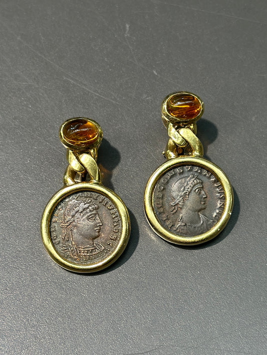 Boucle d'oreille vintage en or 18 carats avec pièce de monnaie antique et citrine