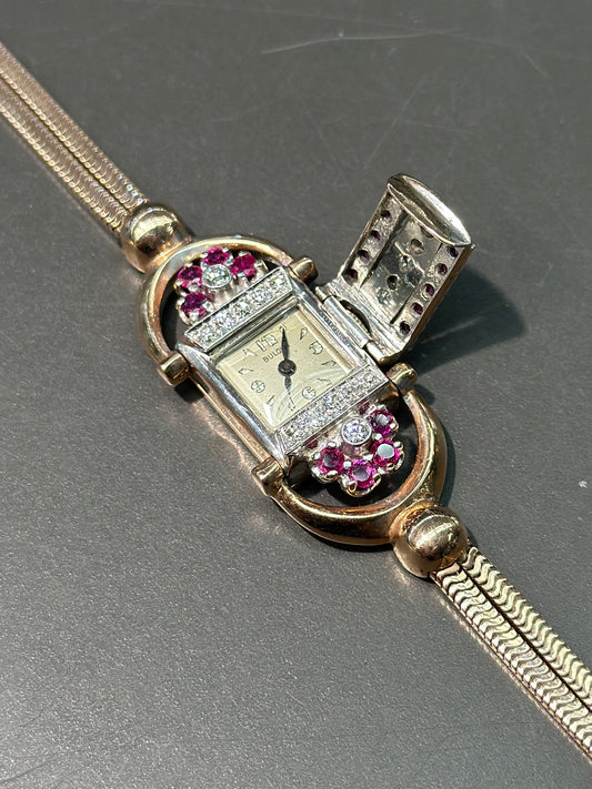 Retro 14K Gold Diamond Ruby Snake Chain Wrist Watch