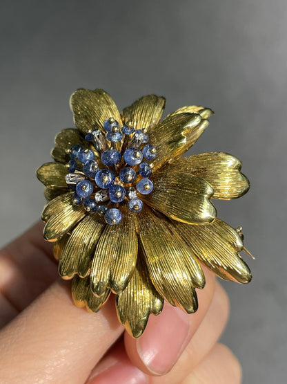 Vintage Tiffany & Co. 18K Gold Sapphire Diamond Flower Brooch