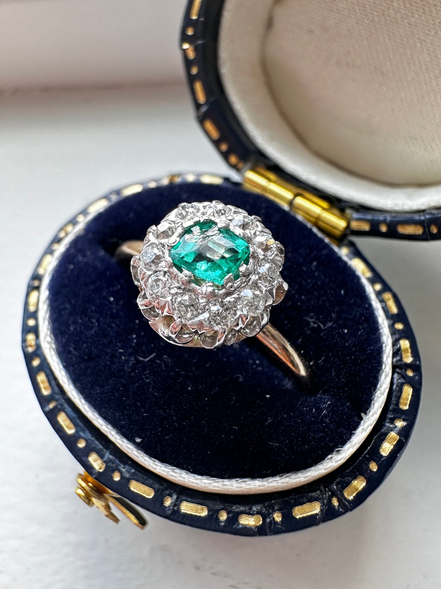 Antique Platinum 14K Yellow Gold 0.38 CTW Colombian Emerald Diamond Halo Ring