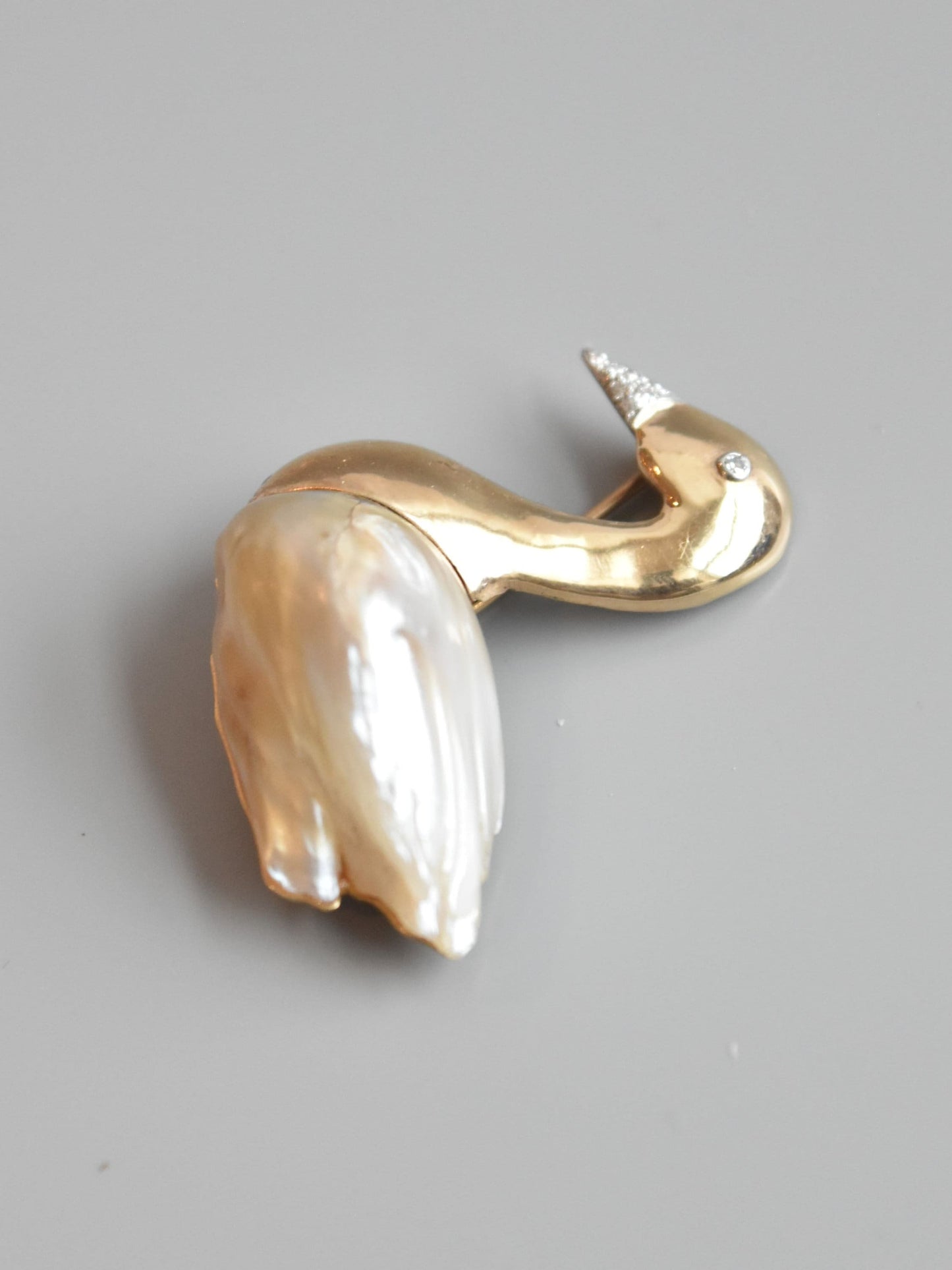 复古 14K 金珍珠钻石天鹅胸针