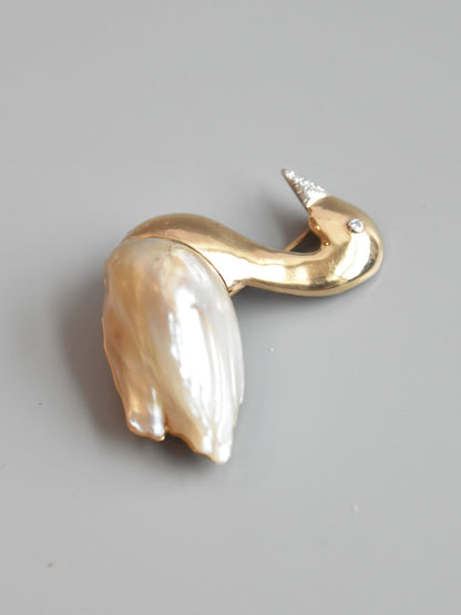 复古 14K 金珍珠钻石天鹅胸针