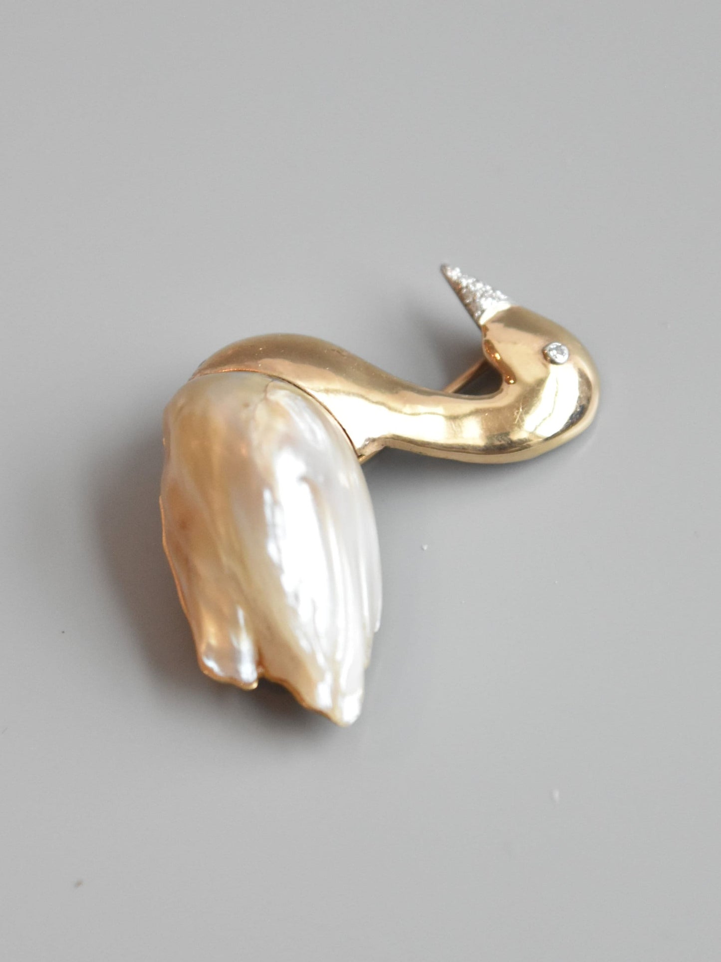 Vintage 14K Gold Pearl Diamond Swan Brooch