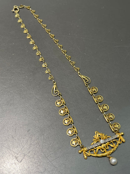 Antique French 18K Yellow Gold Diamond Pearl Filigree Collier Necklace