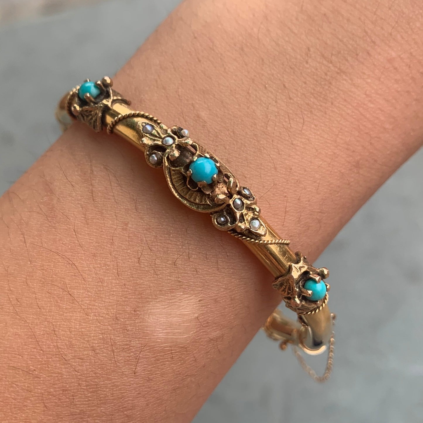 Antique Victorian 14K Gold Natural Turquoise and Seed Bracelet Bangle