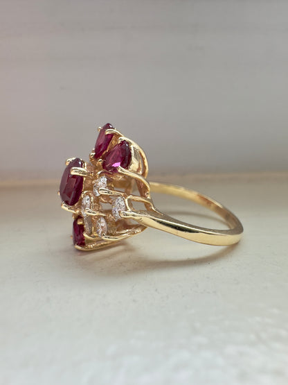 复古 14K 金红宝石钻石簇戒指