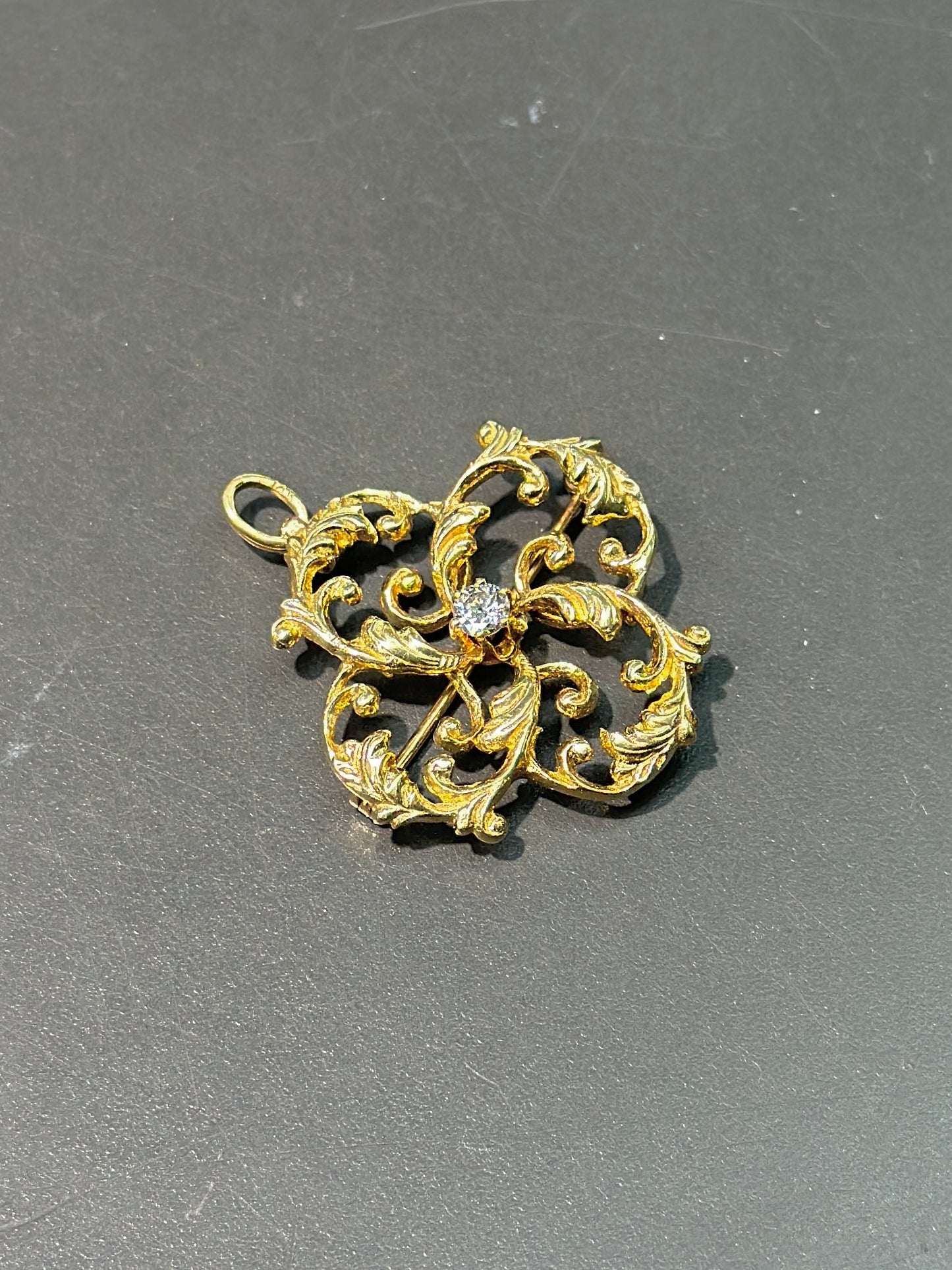 Art Nouveau 14K Gold Diamond Motif Brooch Pendant