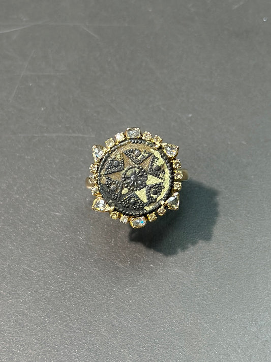 14K Gold Ancient Coin Style Diamond Ring