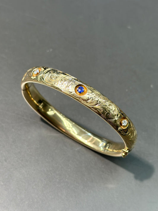 Art Nouveau 14K Gold Sapphire and Diamond Motif Bangle