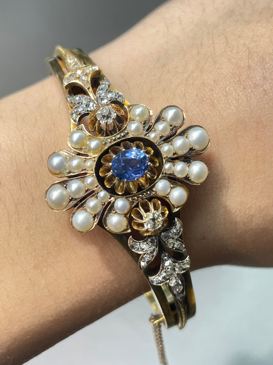 Bracelet antique en or 14 carats avec diamants saphir et perles naturelles antiques