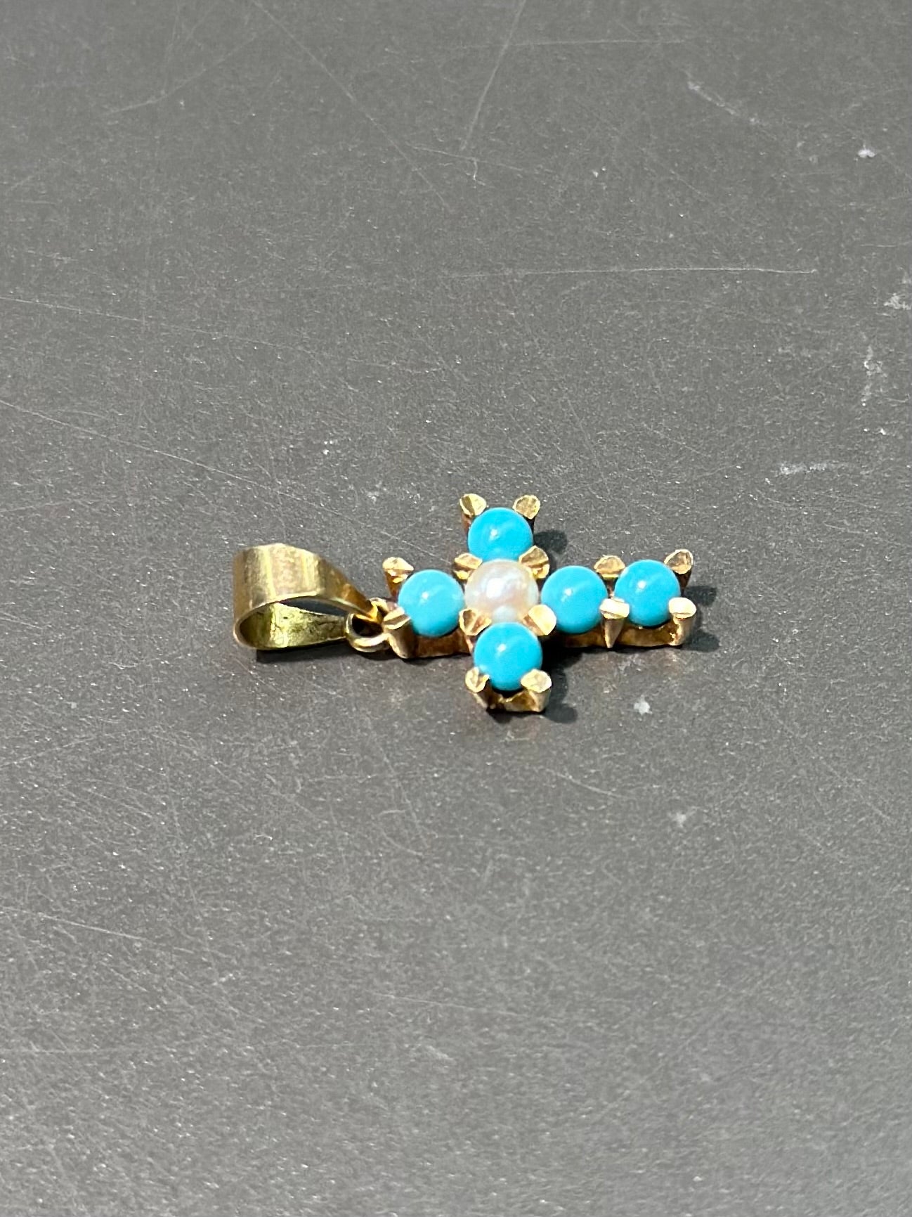 Vintage 14K Gold Turquoise Pearl Cross