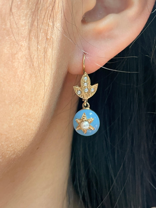 Antique 14K Gold Enamel Turquoise Pearl Starburst Earring