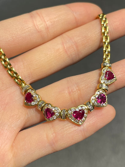 18K Yellow Gold Ruby Diamond Halo Heart Necklace