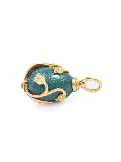 Vintage 18K Gold Diamond Lily of the Valley Guilloche Enamel Egg Pendant