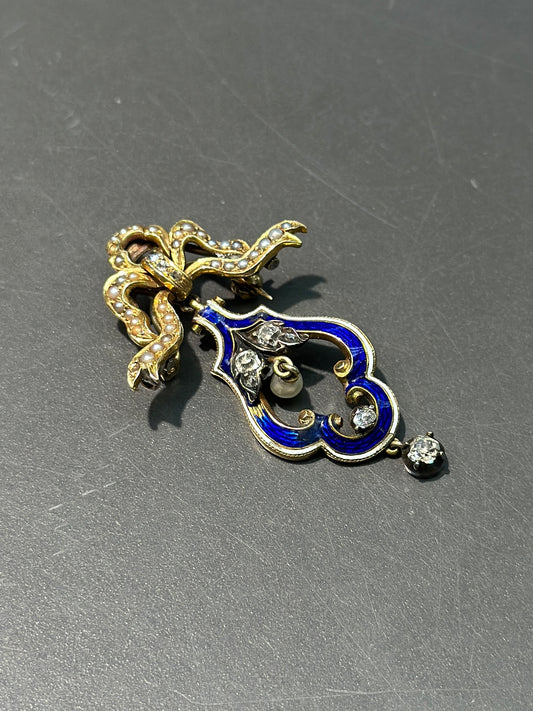 格鲁吉亚 14K 金珐琅珍珠钻石丝带胸针吊坠