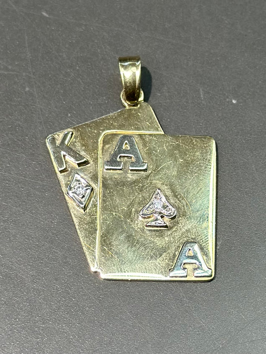 复古 14K 金钻石王牌和黑桃王牌及钻石吊坠