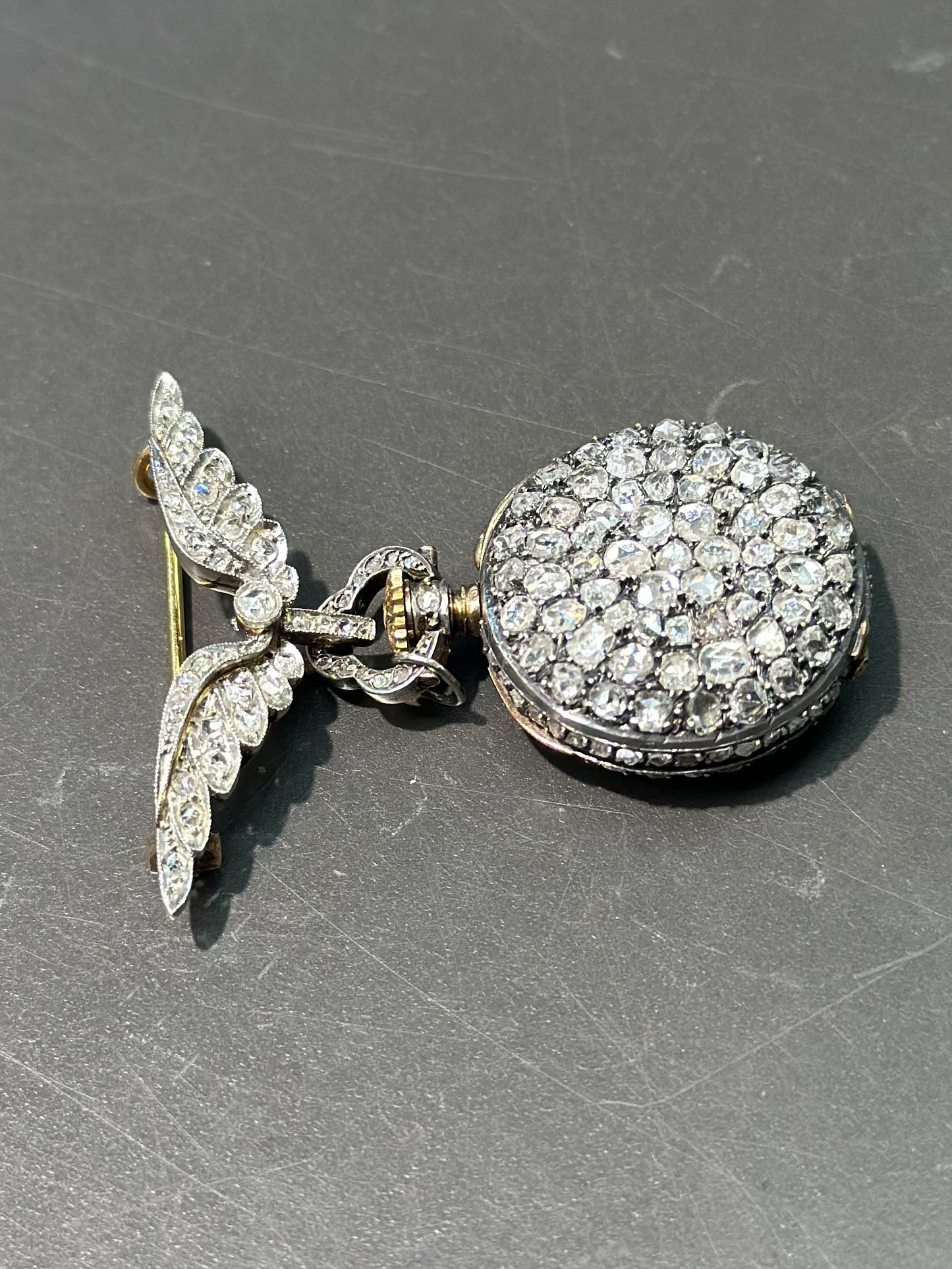 Montre de poche géorgienne à ailes de diamant en platine surmontée d'or 14 carats