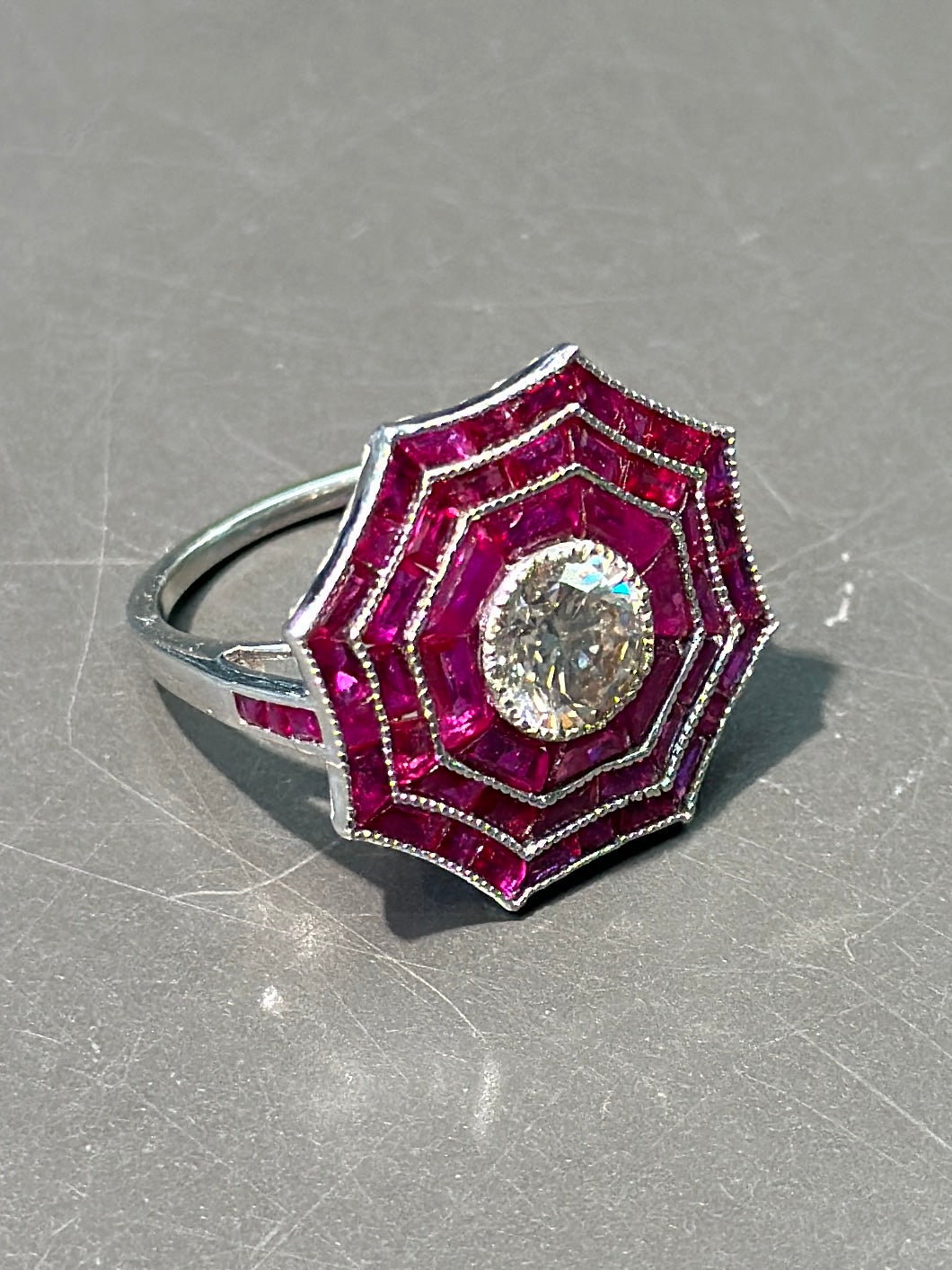 Art Deco Style 18K Gold Ruby and Diamond Octagonal Halo Ring