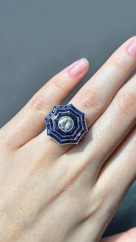 Art Deco Style 14K Gold Sapphire and Diamond Octagonal Halo Ring