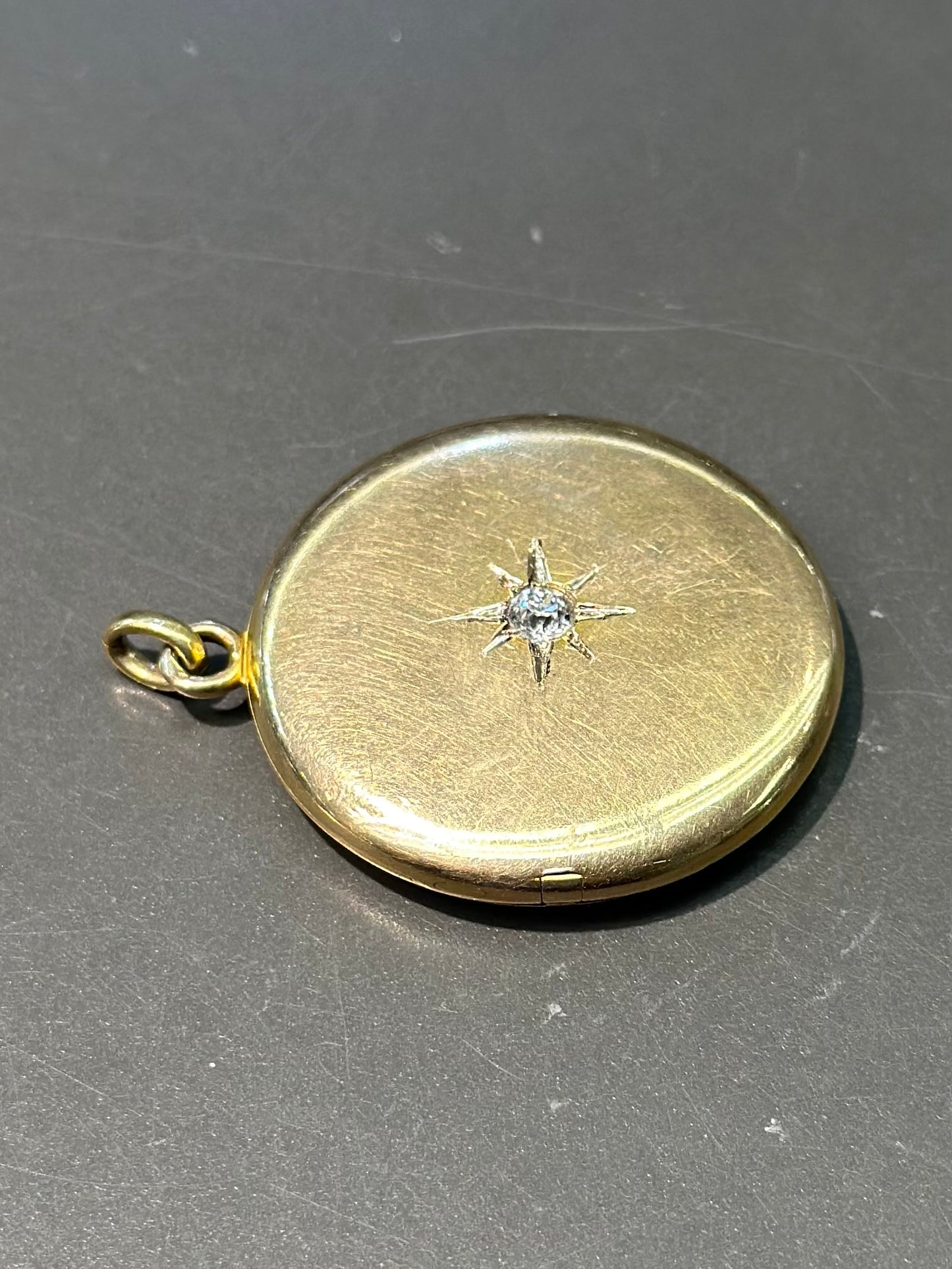 Antique 14K Gold Starburst Diamond Circle Locket