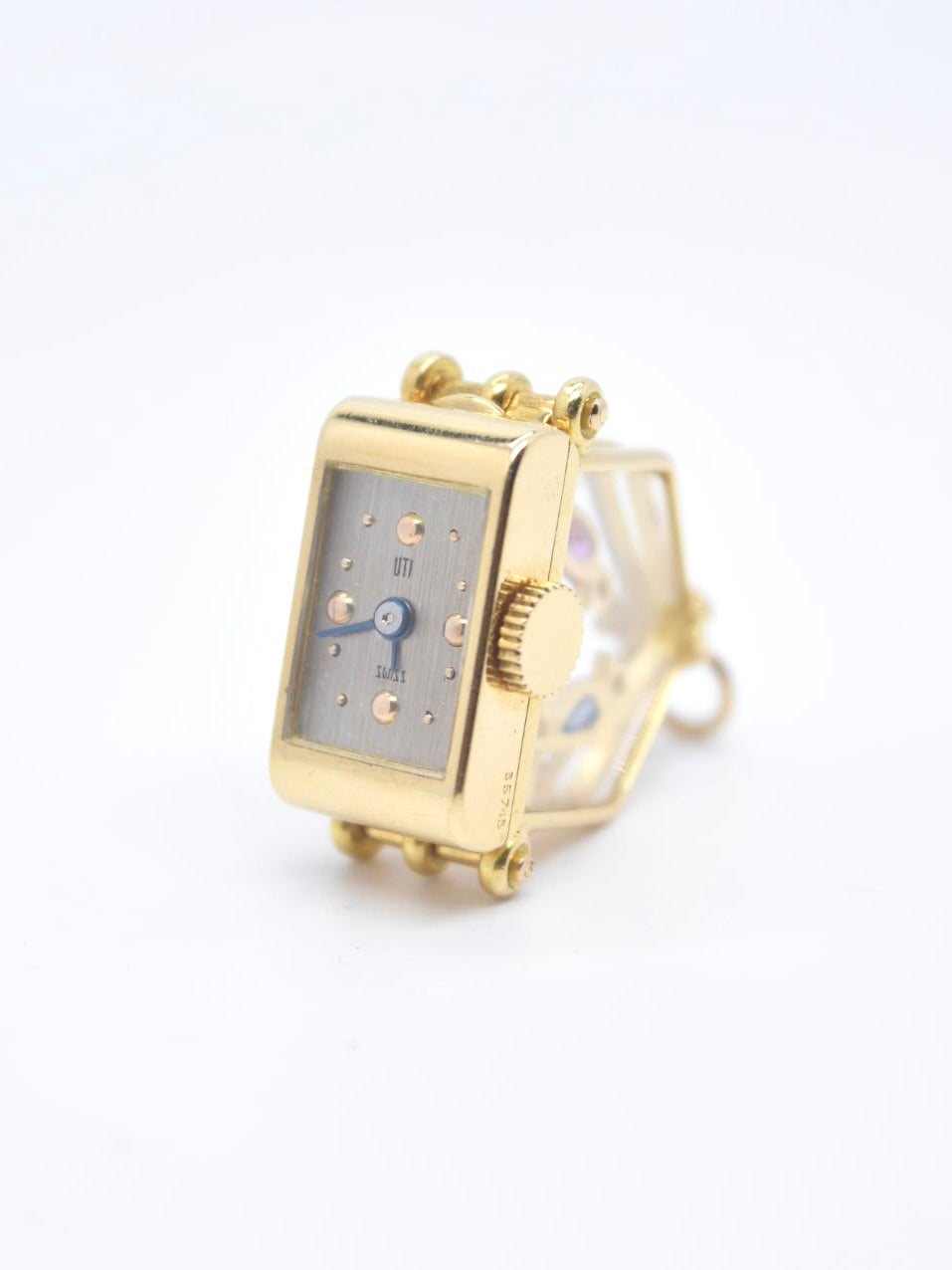 Vintage French 18K Gold UTI Sapphire and Ruby Bird Cage Fob Watch