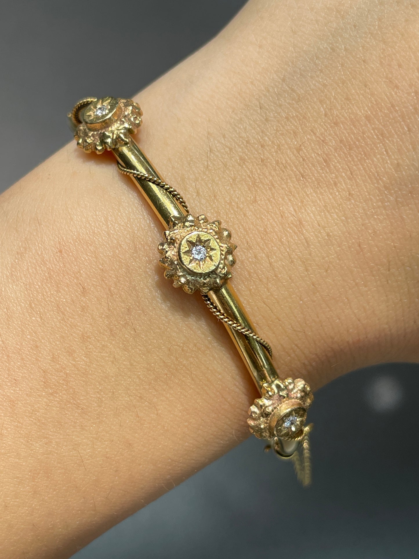 Vintage 14K Gold Diamond Starburst Bangle Bracelet
