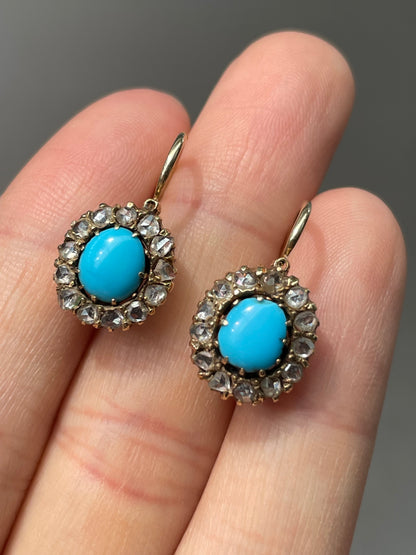 Victorian 14K Yellow Gold Persian Turquoise 0.91 CTW Diamond Halo Dormeuse Earring