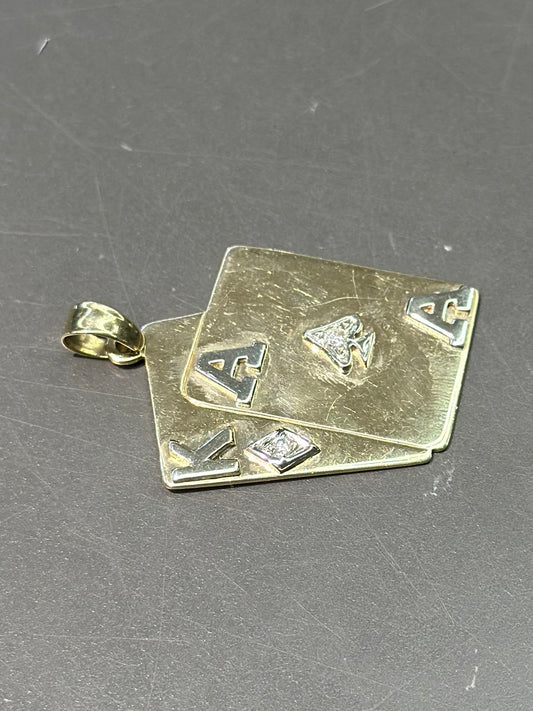 复古 14K 金钻石王牌和黑桃王牌及钻石吊坠