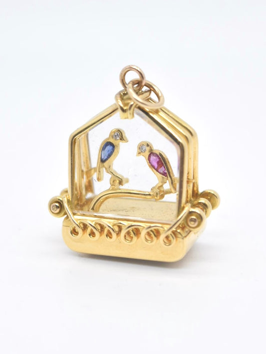 Vintage French 18K Gold UTI Sapphire and Ruby Bird Cage Fob Watch