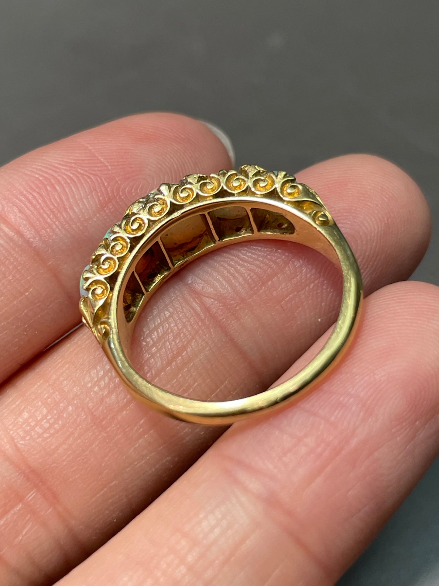 Antique Edwardian 18K Yellow Gold Five Stone Opal Diamond Ring