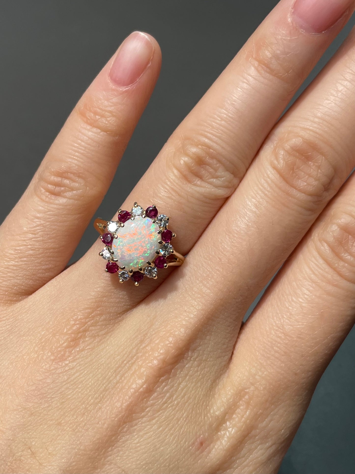 14K Yellow Gold Opal Ruby Diamond Halo Ring