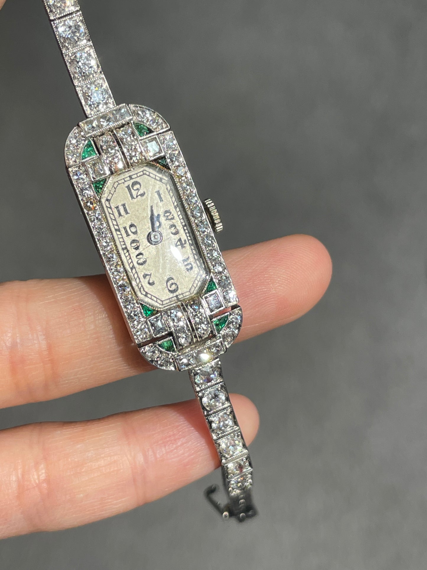 Art Deco Platinum Diamond Emerald Watch Bracelet