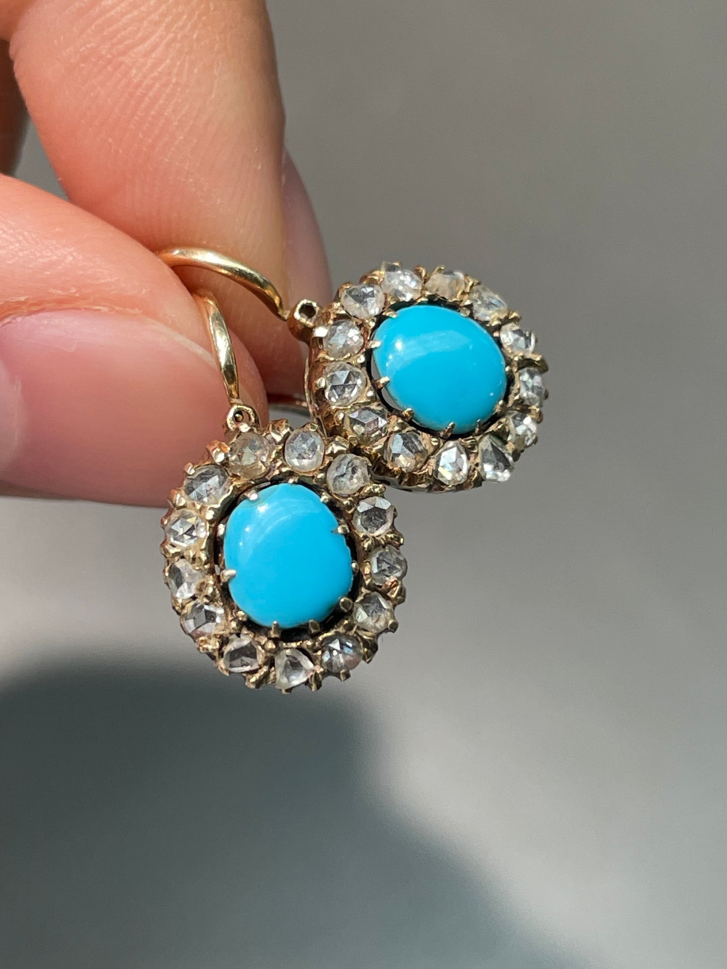 Victorian 14K Yellow Gold Persian Turquoise 0.91 CTW Diamond Halo Dormeuse Earring