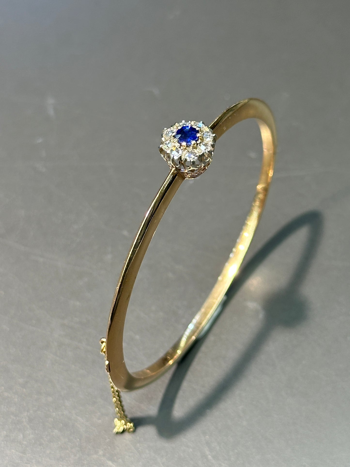 Antique French 18K Gold Natural Sapphire Diamond Halo Bangle Bracelet