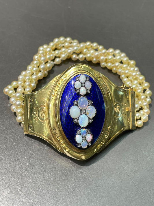Antique French Victorian 18K Yellow Gold Opal Diamond Multi-Strand Pearl Guilloche Enamel Bracelet