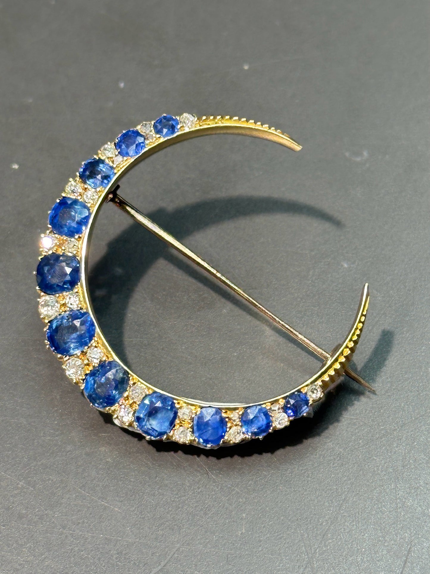 Antique 14K Gold Natural Unheated Sapphire Diamond Crescent Brooch