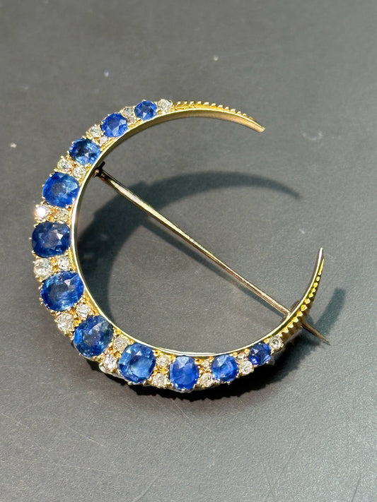 Antique 14K Gold Natural Unheated Sapphire Diamond Crescent Brooch