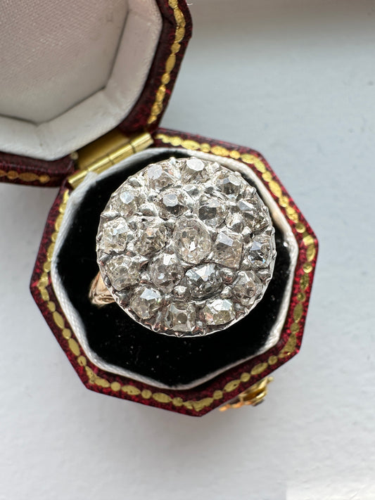 Antique French Georgian 18K Yellow Gold 1.85 CTW Diamond Cluster Ring SZ 7.5