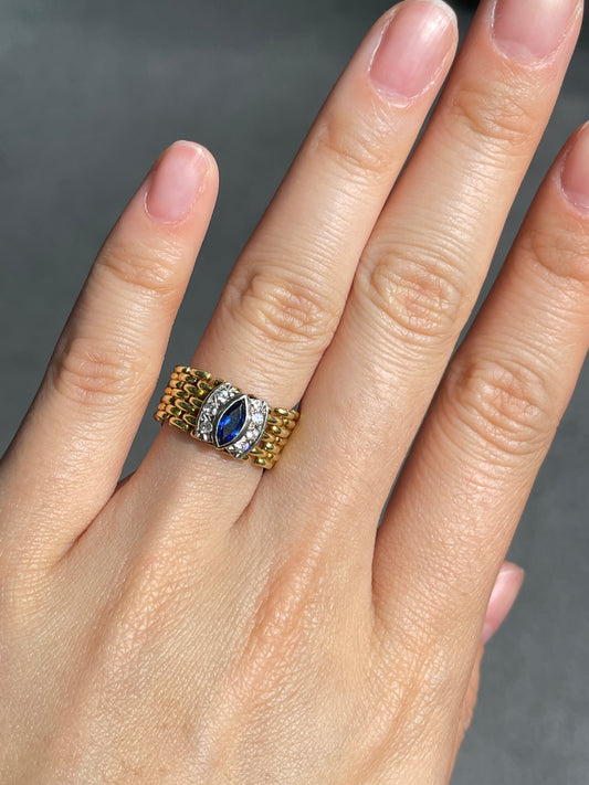 Vintage 18K Gold Sapphire Diamond Flexible Chain Ring