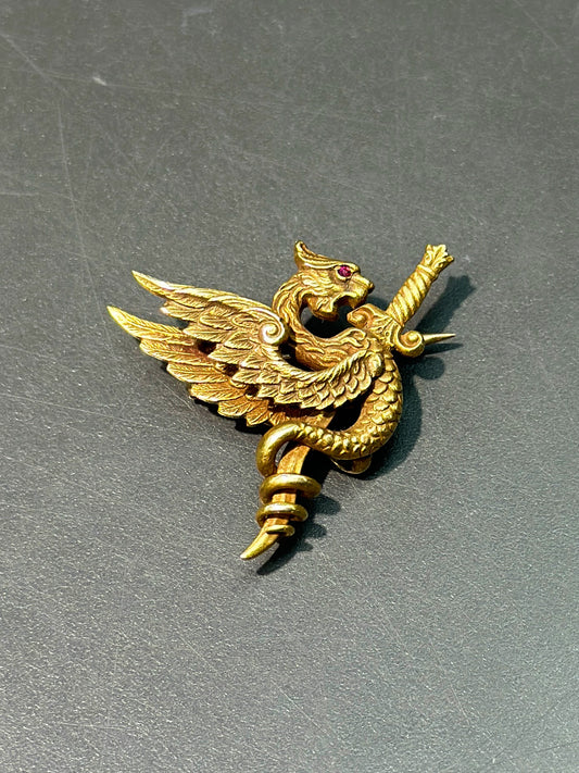 Art Nouveau Rikers Bros. 14K Gold Dragon Griffin Brooch