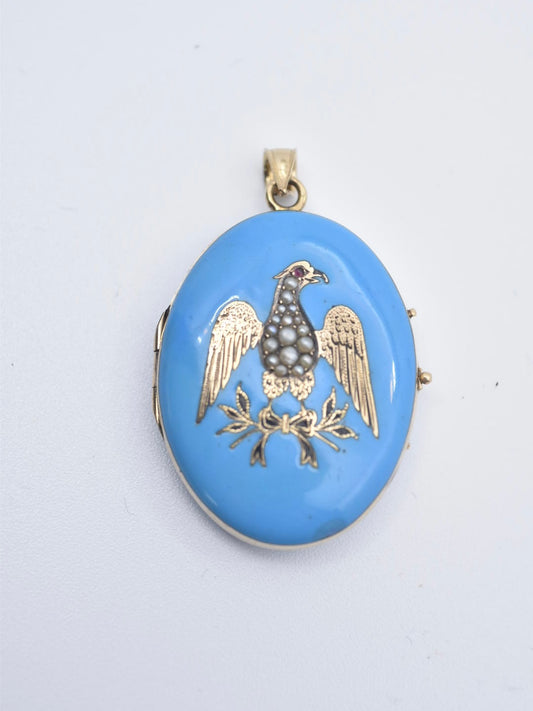 Victorian 14K Gold Enamel Seed Pearl Eagle Pendant Locket