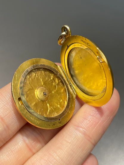 Antique 14K Gold Diamond Floral Engraving Locket Pendant