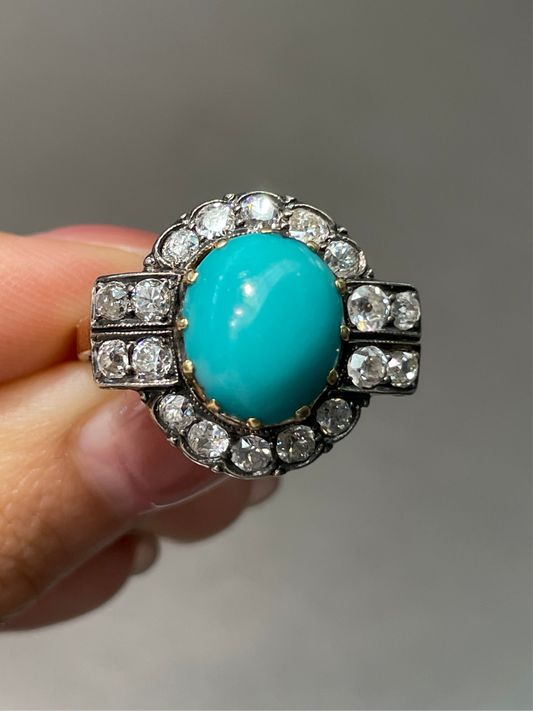 Antique Edwardian 14K Yellow Gold Turquoise 1.62 CTW Diamond Ring