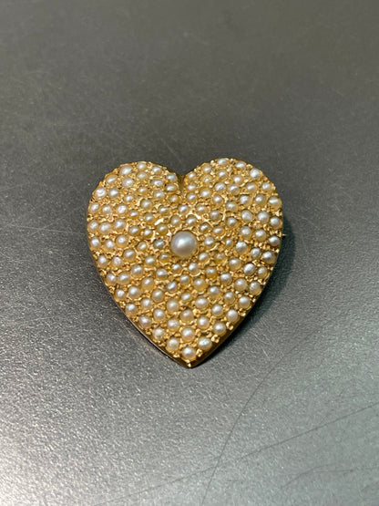 Vintage 14K Yellow Gold Pavé Seed Pearl Heart Brooch