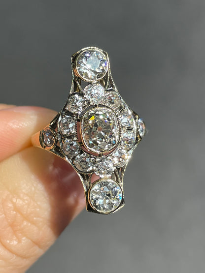 Antique 18K Gold 3.56 CTW Diamond Three Stone Vertical Ring