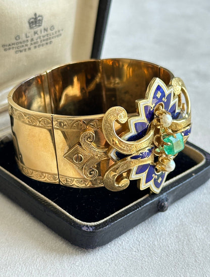 Victorian French 18K Gold Emerald Natural Pearl Enamel Bangle Bracelet