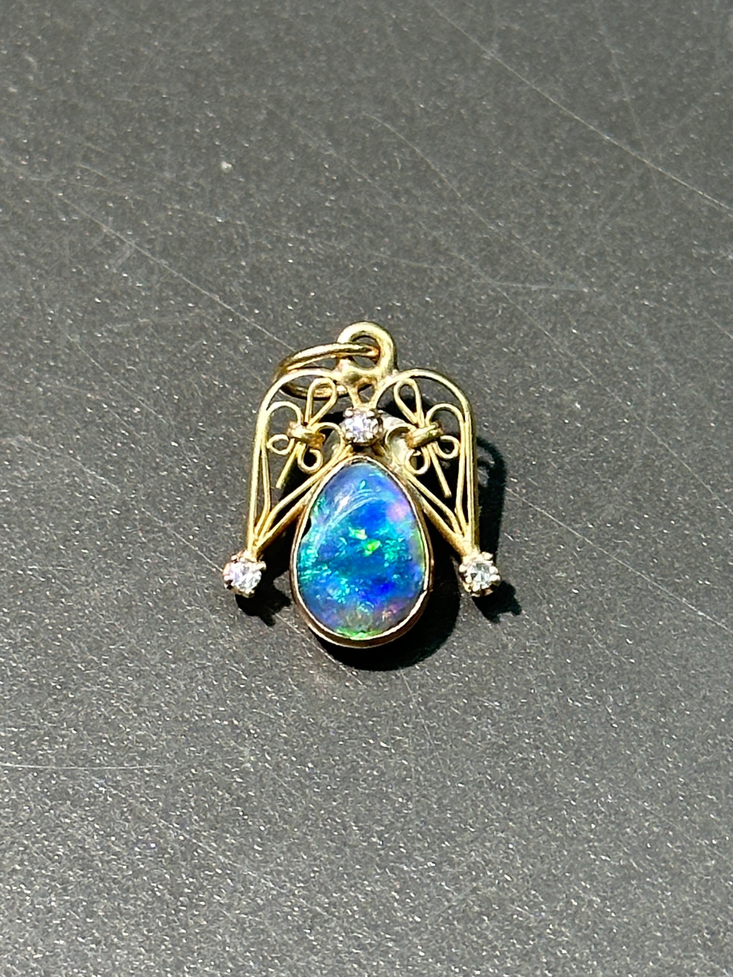 Art Nouveau 14K Gold Black Opal Diamond Filigree Charm