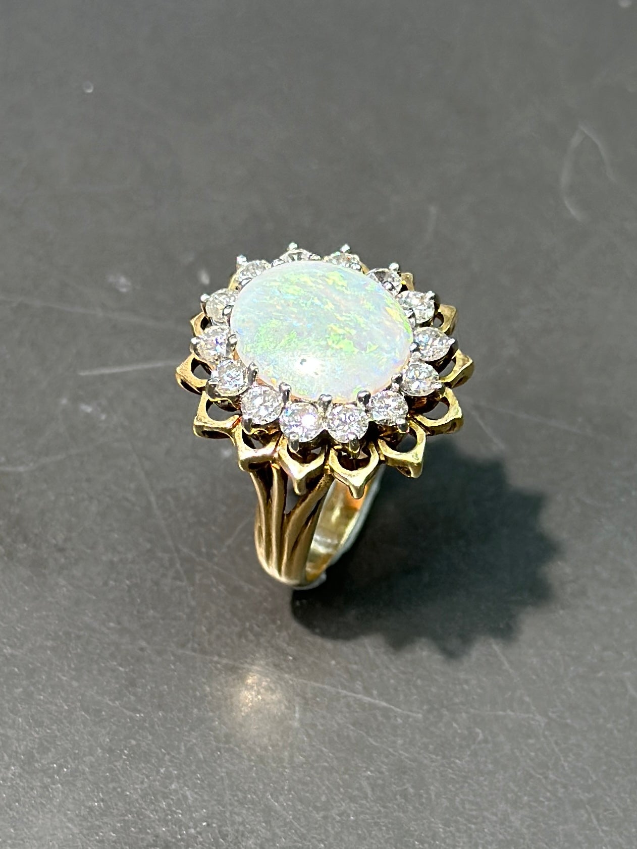 Vintage 14K Gold Opal and Diamond Halo Ring